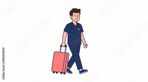 Male Nurse Walking with Red Suitcase Illustration