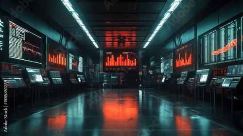 Futuristic control room, displaying data, in a dark corridor.  Possible use Sci-fi stock photo