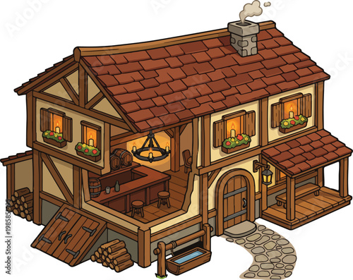 Medieval fantasy tavern vector illustration, isometric timber frame inn with bar interior, rustic village building for game design and storytelling
