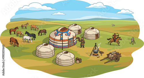 Nomadic Central Asian yurt camp vector illustration, traditional Mongolian ger settlement on green steppe, ancient nomadic lifestyle with horses and archers