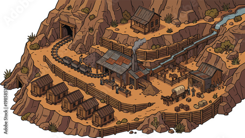Vintage gold mine isometric vector illustration, wild west mining camp with wooden shacks and mine shaft, rustic western frontier settlement landscape
