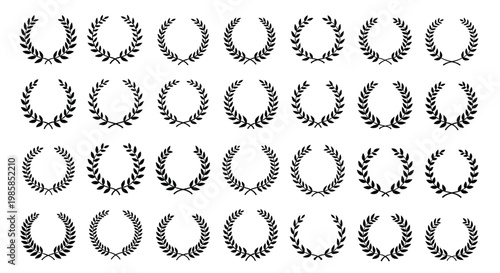 Grid of twenty-eight simple black laurel wreath icons and olive branch symbols representing victory and success on white.