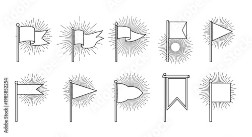 Set of ten different black flag icons with sunburst light rays behind each in thin black line style on white background.
