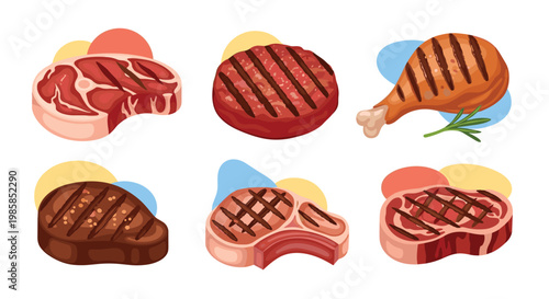 Collection of six various grilled meat items including steak beef burger patty and chicken leg with rosemary garnish.