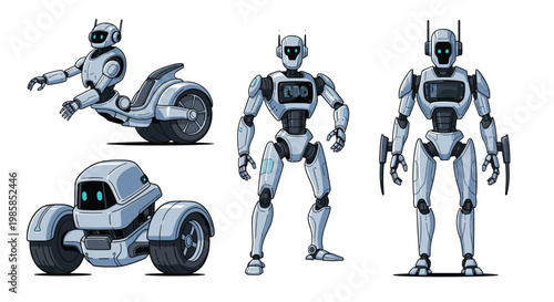 Set of futuristic robot designs featuring humanoid bipeds and specialized units with wheels for various tasks.