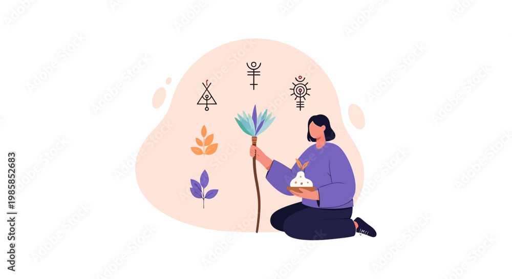 Obraz premium Woman kneeling while performing spiritual ritual with symbolic plants and alchemy signs. EPS Editable. Vector Illustrations.