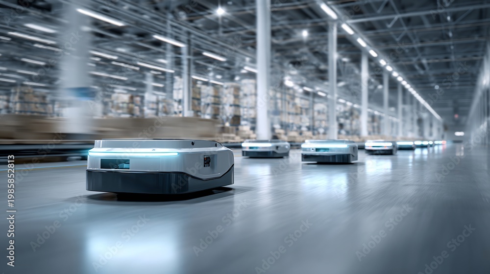 Obraz premium Autonomous mobile robots navigating a vast warehouse, automated logistics, smart distribution, efficient supply chain, and futuristic fulfillment center.
