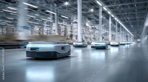 Autonomous mobile robots navigating a vast warehouse, automated logistics, smart distribution, efficient supply chain, and futuristic fulfillment center.