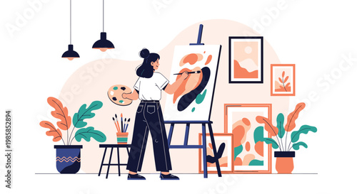 Creative woman artist working on an abstract masterpiece in her bright home studio filled with canvases and indoor plants.