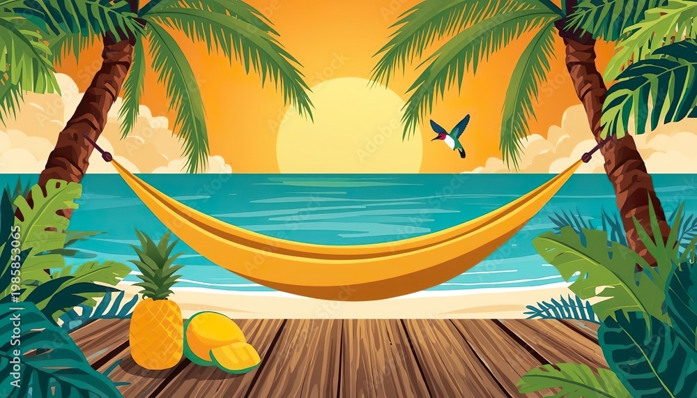 Fototapeta premium Tropical Beach Hammock Illustration, Sunset Ocean and Palm Trees