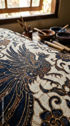 Indonesian batik fabric with phoenix pattern and canting tools