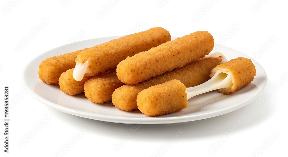 Fototapeta premium Golden fried mozzarella cheese sticks with melted gooey cheese pull on white plate