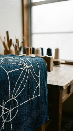 Traditional Sashiko embroidery on indigo fabric in a craft workshop
