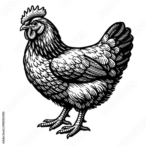 Detailed black and white illustration of a standing rooster with feathers and comb on white background