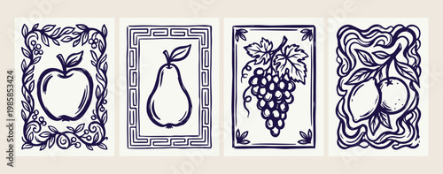 Vintage pear and grape cluster sketches, hand drawn fruit and vineyard illustrations, rustic winery and orchard design elements, minimalist blue ink fruit line art, organic food and harvest graphics, 