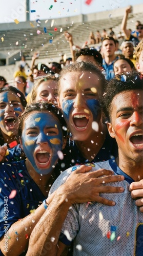 Excited soccer fans with face paint cheering under falling confetti