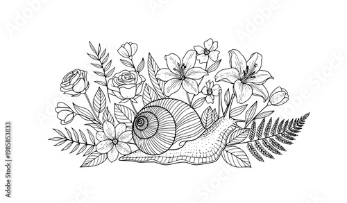 Black white floral snail vector illustration botanical decorative design