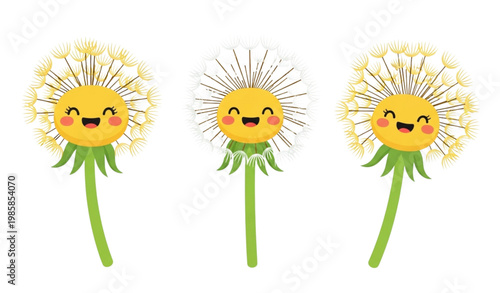 Smiling dandelion cartoon vector set cute floral character illustration