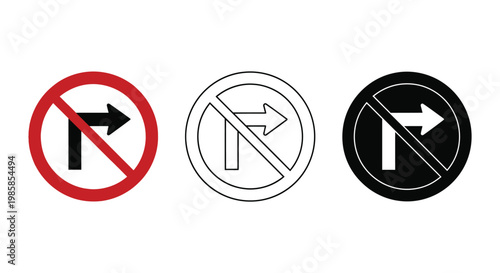 Sign icon set with no left turn traffic signs in various styles