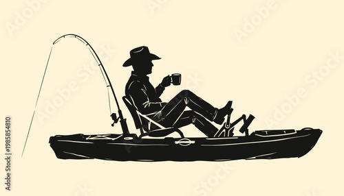 Cowboy fisherman silhouette relaxing in a kayak for outdoor adventure and leisure