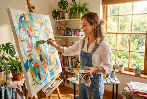 Woman painting abstract art at home, creative lifestyle scene