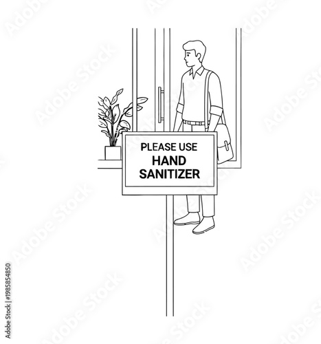 Hand sanitizer sign illustration with man entering building
