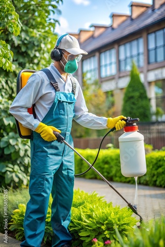 Professional Pest Control Technician Spraying Garden Plants 