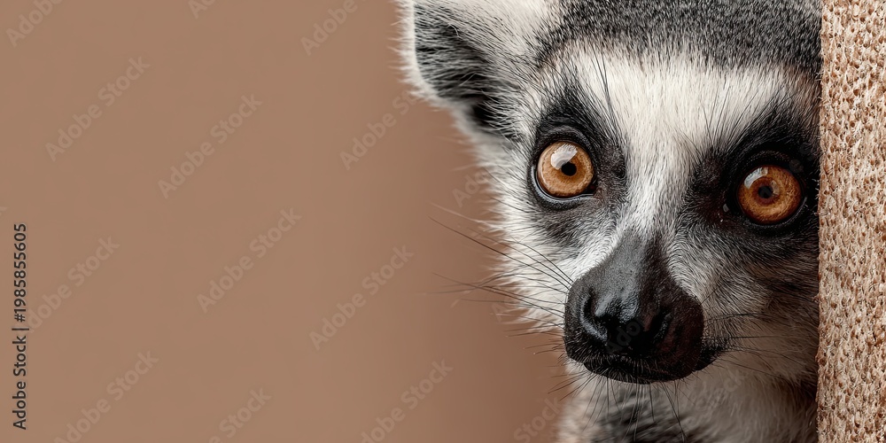 Fototapeta premium A lemur peeks out cautiously from around the corner of a colored, plain background with space for text. Close-up.