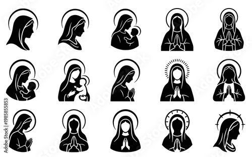 Black and white silhouette vector icon collection of holy virgin mary praying and holding baby jesus for catholic religious christianity faith graphic design elements isolated.
