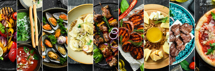 Food and drinks on a black stone table. Photo collage, photo banner.