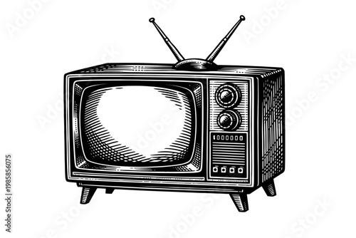 Vintage black and white illustration of an old retro television set with antennae on top and dials on the side, symbolizing classic entertainment and nostalgia.