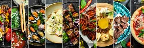 Obraz  z motywem Food and drinks on a black stone table. Photo collage, photo banner.