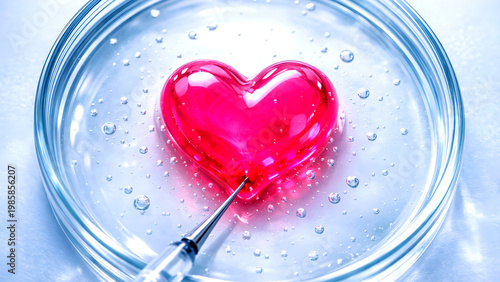 Macro view of heart-shaped cell with magenta fluid, flanked by dividing cells, with dual pipette injections representing in vitro fertilization and biotech research.