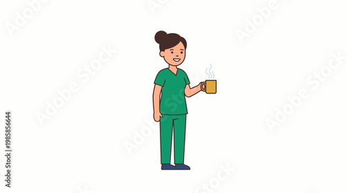 Female Nurse in Green Scrubs Holding Hot Mug on White Background