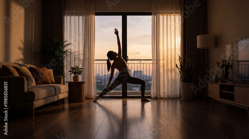 Silhouette of woman practicing yoga at sunset in modern living room with city view background.