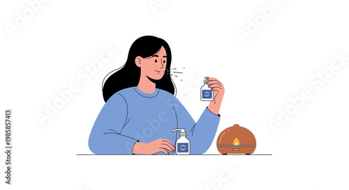 Young woman using an essential oil diffuser for relaxation and aromatherapy at home. EPS Editable. Vector Illustrations.