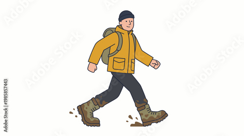 Man hiker walking with backpack and muddy boots illustration