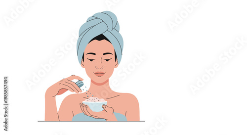 Young woman with towel on head applying facial cream in skincare routine. EPS Editable. Vector Illustrations.