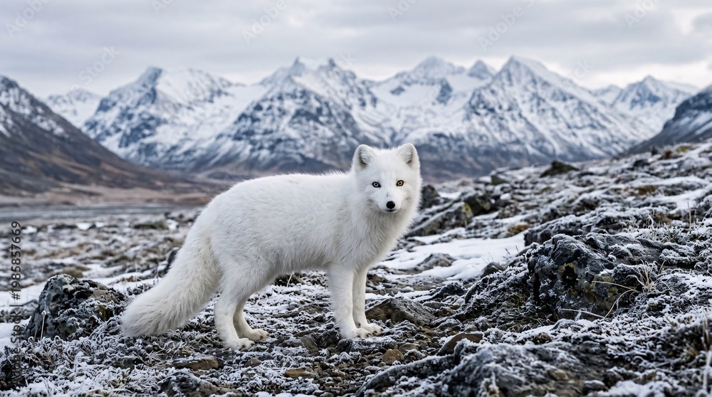 Naklejka premium Wild snowy arctic fox exhibiting striking heterochromia stands gracefully on a frosty, rocky tundra in front of massive snow-capped peaks.