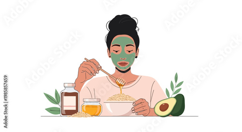 Woman with face mask preparing organic avocado facial treatment at home. EPS Editable. Vector Illustrations.