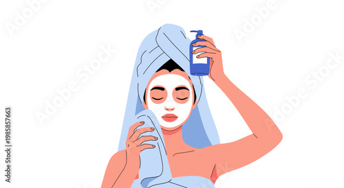 Woman with face mask and towel wrap performing skincare routine. EPS Editable. Vector Illustrations.