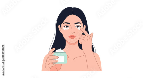 Young woman applying moisturizing cream to her face for skincare routine. EPS Editable. Vector Illustrations.