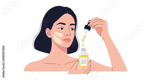 Young woman applying facial serum with a dropper for skincare routine 1. EPS Editable. Vector Illustrations.
