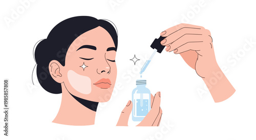 Young woman applying facial serum with a dropper for skincare routine. EPS Editable. Vector Illustrations.