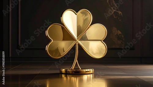 Golden Shamrock Sculpture Standing on a Polished Wooden Surface