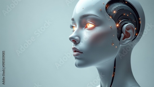 A mystical woman wearing a headpiece with glowing eyes, great for fantasy or sci-fi scenes