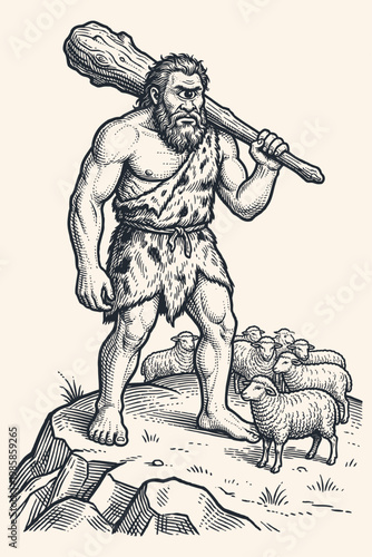 Vintage vector engraving of a mythical one-eyed cyclops giant holding a large wooden club, standing on a rocky cliff guarding his flock of sheep.
