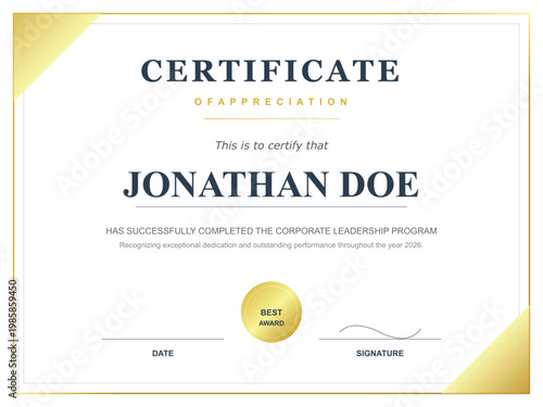 Certificate of Appreciation: A elegantly designed certificate, rendered in gold and dark blue, bestows a sense of accomplishment and pride.