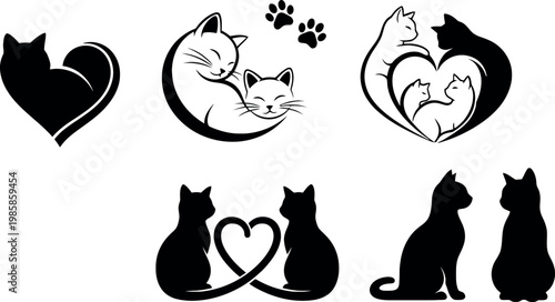 Cute Cat Love Silhouette Set with Heart, Paw Print, and Couple Poses for Pet, Valentine, and Animal Lover Designs