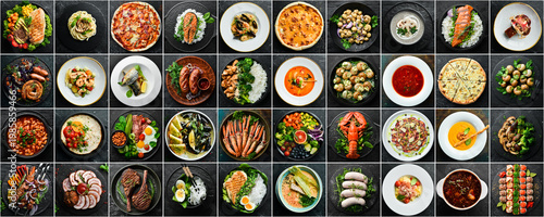 Food background. Set of dishes of European cuisine: soups, hot dishes, salads, Italian pizza and snacks. Top view on black background. Photo collage.